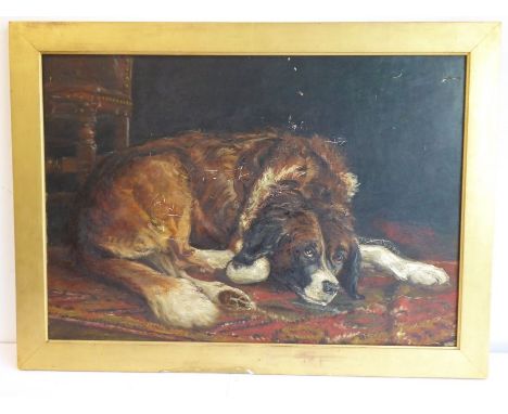 English School, circa 1900, portrait of a St Bernard curled up upon a rug, oil on canvas (21 x 30 ins, 54cm x 76cm),&nbsp;Con