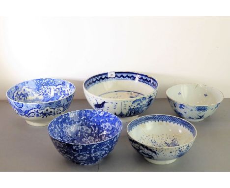 English Delftware - five bowls, circa 1750; two pearlware, one with a deer and large birds in a watery landscape and one othe