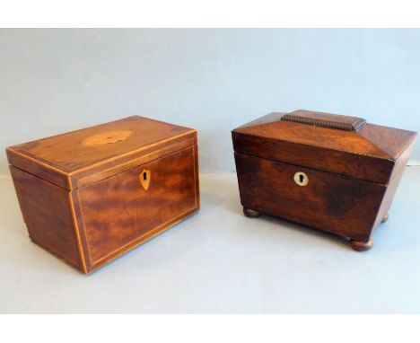 A Geoge III period mahogany boxwood strung and banded two-division tea caddy of rectilinear form, together with one other sli