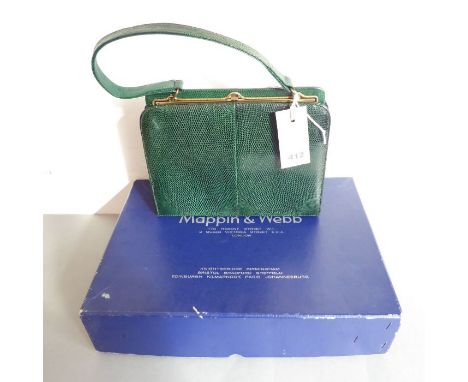 A boxed Mappin &amp; Webb 'Marquessa' green textured-leather vintage handbag; in excellent condition and with the vanity mirr