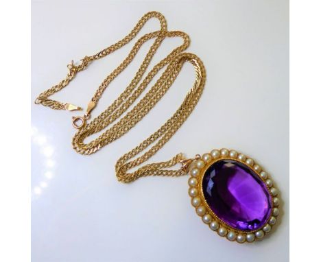 A mid-Victorian amethyst and half-pearl pendant, the central oval mixed-cut amethyst collet-set above the half pearl border, 