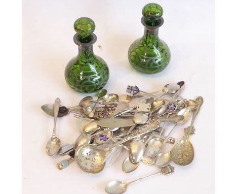 A variety of mainly silver spoons (some silver plate): enamelled preserve spoons, teaspoons, coffee spoons etc. To include an