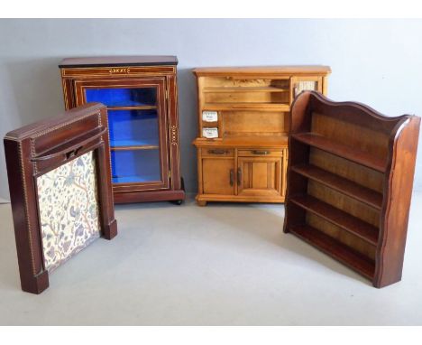 Four pieces of miniature furniture: an antique-style pine dresser having shelves, glazed door and named ceramic drawers above