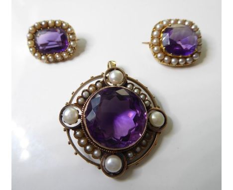 A mid-Victorian amethyst, pearl and half-pearl pendant; the circular mixed-cut amethyst collet-set to the yellow gold surroun