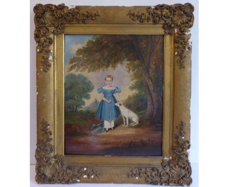 Early 19th century English Primitive School (in the style of Havell), full-length portrait of a young girl standing with her 