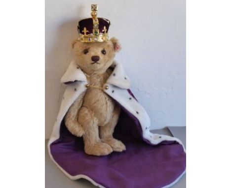 A Steiff Queen Elizabeth II coronation teddy bear; limited edition, together with cape and internal growling mechanism (jewel