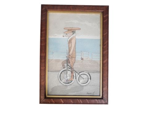 HUGH SWANSTON 'HARRY AT BOULOGNE' original watercolour, 29cm x 23cm, another Swanston of a man riding a bike, and an amusing 