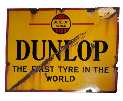 A DUNLOP ENAMEL ADVERTISING SIGN Dunlop Stock, 'The First Tyre in the World', measuring 122cm wide by 92cm high