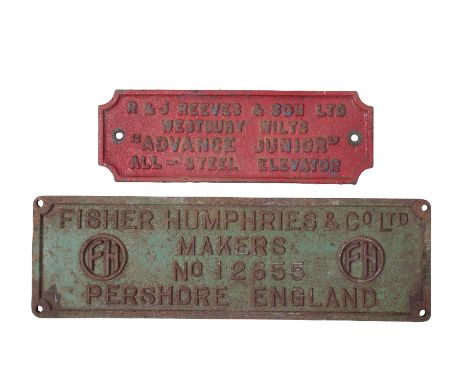 A 'FISHER HUMPHRIES &amp; CO LTD' CAST IRON SIGN painted, 45cm wide, and a 'R &amp; J Reeves &amp; Son Ltd' cast iron sign, 3