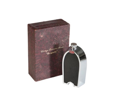 A RUDDSPEED LTD BUGATTI RADIATOR DECANTER chrome plated and glass, with black radiator grille, in original box, 20cm high