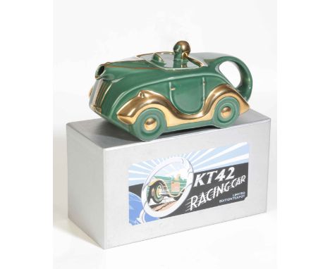 A GREEN SADLER 'OKT 42' MOTORCAR TEAPOT with gold wings, limited edition 75/100, in original box, 22cm long