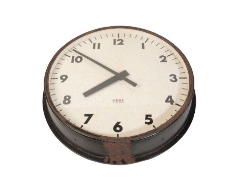 A GENT OF LEICESTER RAILWAY CLOCK c.1940's, with white enamel face and black numerals, powered by electric wall plug, 52cm di