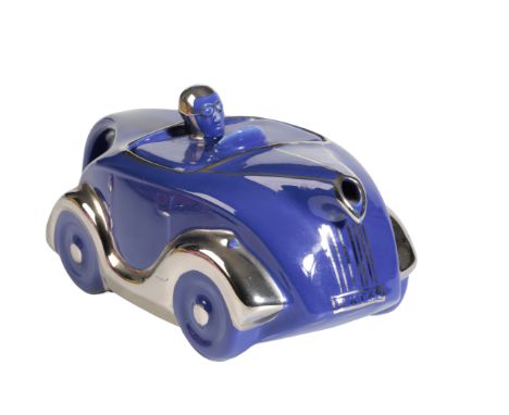 A BLUE SADLER 'OKT42' MOTORCAR TEAPOT with chrome wings, 22cm long