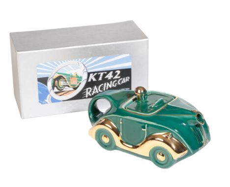 A GREEN SADLER 'OKT42' MOTORCAR TEAPOT with gold wings, limited edition 37/100, in original box, 22cm long