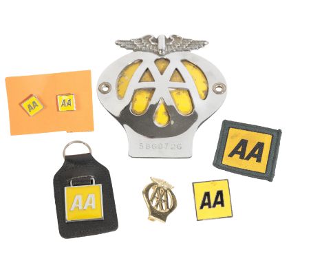 A COLLECTION OF 'AUTOMOBILE ASSOCIATION' MEMORABILIA to include AA motor car badge, brass AA lapel badge, AA cufflinks and ot