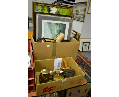 Assorted pictures and prints, brass and copper, postal scales, sets of binoculars etc (2 boxes)