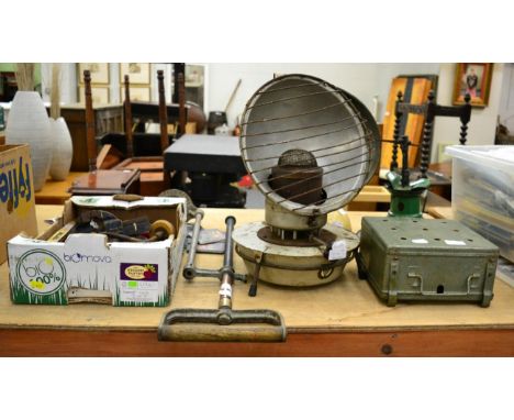 Gas lamp, two oil lamps and a collection of tools
