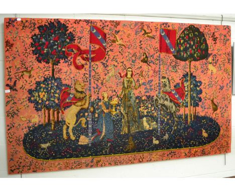 A large woolwork depicting 'À Mon Seul Désir', The Lady & Unicorn, after a 16th century tapestry 