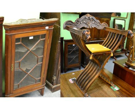 Savonarola chair with cushion, and glazed corner cupboard