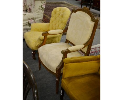 A Victorian button-back nursing chair and a French carved fauteuil (2)