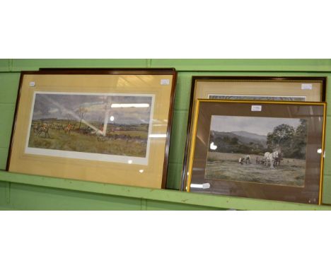 A hunting print signed by Lionel Edwards, another two by J A Stewart and Peter Biegle, together with a watercolour of ploughi