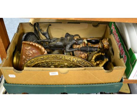 An early 20th century Spelter figural lamp; a pair of Spelter ewers; a pair of brass ejector candlesticks; a copper crumb tra