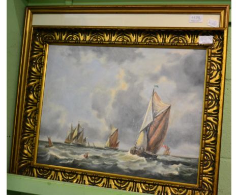 F J Aldridge, French fishing smacks in a heavy swell, lithograph, signed, together with a marine oil on board, signed D Light