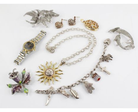 A selection of vintage costume jewellery, to include a ladies Gucci bi-coloured wristwatch, a silver, enamel and marcasite fl