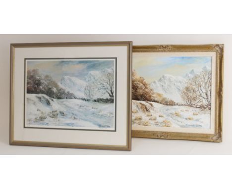 Gwyneth Tomos (Welsh, 20th century),Sheep in a wintery landscape,Oil on board,Signed lower right,35cm x 45cm,Framed,With an a