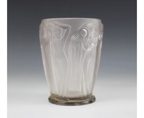 A Rene Lalique (French, 1860-1945) "Danaides" opalescent glass vase, the body relief moulded and etched with six classical wa
