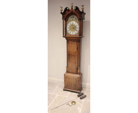 A George III oak cased eight day longcase clock signed Joseph Thomas, Chester, the 34cm break arch brass dial with painted ro