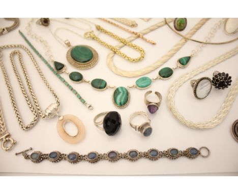 A large selection of silver and white metal vintage jewellery, to include a malachite set silver necklace, 47cm long, a silve