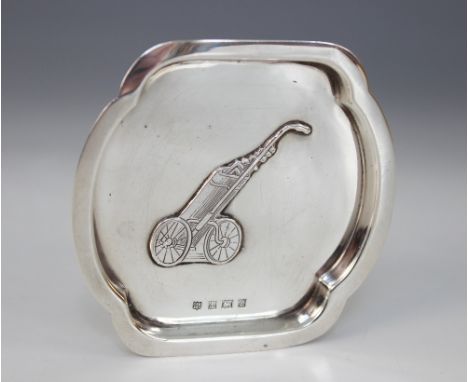 A novelty silver golfing pin dish, Charles S Green &amp; Co Ltd Birmingham 1960, of quatrefoil form and with a central golf b