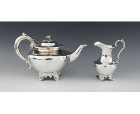 A Victorian silver teapot and milk jug, Roberts and Hall Sheffield 1852, each of plain polished compressed form and upon four