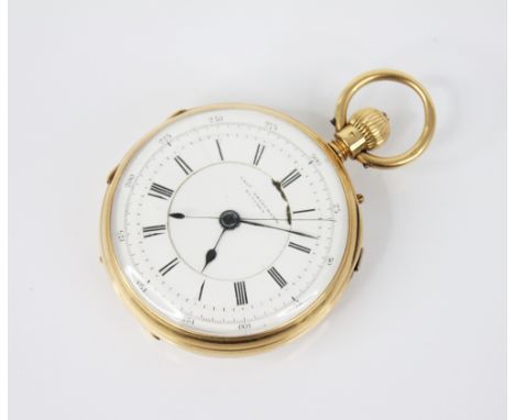 A Victorian 18ct gold open face pocket watch with stop/start seconds, circular white enamel dial with Roman numerals, outer m