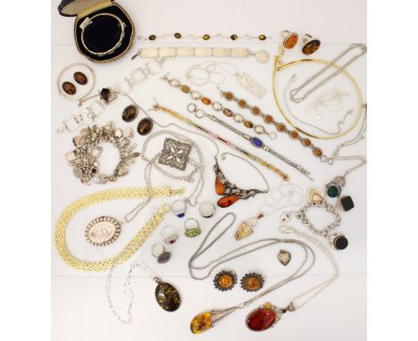 A large selection of silver, silver coloured and gold plated vintage jewellery, to include a silver locket pendant, marks for