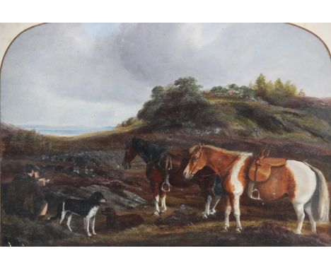 English school (19th century),A highland scene with ponies, dogs and seated gillie smoking a pipe, possibly a sketch of John 