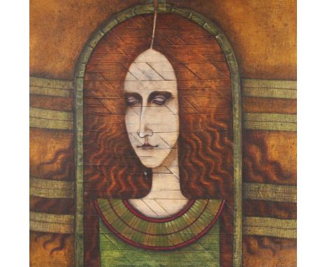 Modernist school (20th century),A Stylised portrait of a pre-Raphaelite-esque red headed lady in green dress,Oil on interwove