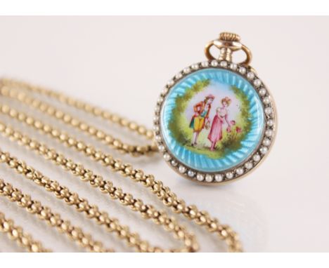 An early 20th century silver gilt and enamel fob watch, the round white enamel dial with arabic numerals, simulated pearls se