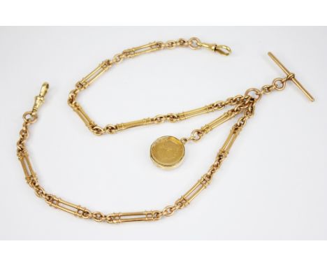 A Victorian 18ct gold albert chain, comprising two trombone and belcher link chains, T-bar and lobster claw fasteners, each l