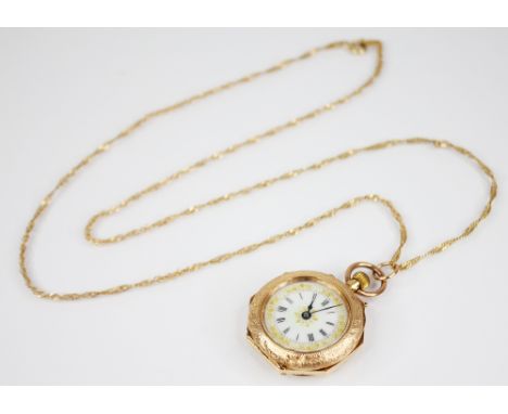 A late 19th century 14ct gold and enamel Swiss fob watch, the circular white dial with Roman numerals and gilt highlights, se