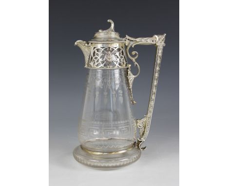 A Victorian silver mounted glass decanter, Gough & Silvester, Birmingham 1865, tapering body etched with swag frieze above a 