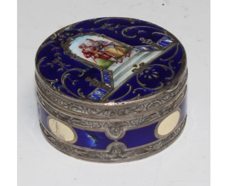 A German silver and enamel circular snuff box, halbmond und krone mark 