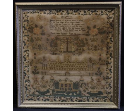 A William IV needlework sampler, Solomons Temple, Sarah Ann Spencer, Aged 12 Years, 1837, 63cm x 60.5cm