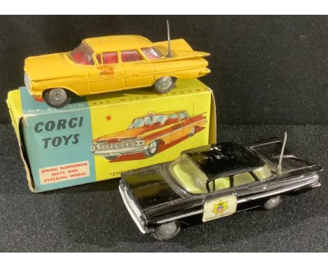 Corgi Toys 221 Chevrolet New York taxi cab, yellow body with red interior and plastic aerial, boxed; Corgi Toys Chevrolet Imp