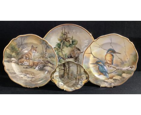 A pair of Staffordshire Phildale cabinet plates, painted by P Worsdale, signed, decorated with foxes and Kingfishers, 27.5cm,