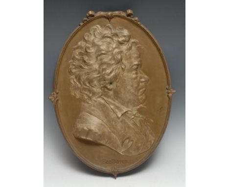 An early 20th century cast iron portrait plaque, Ludwig van Beethoven, bust length in profile, 50cm x 37cm 