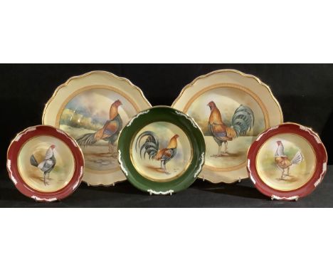 A pair of Staffordshire Phildale cabinet plates, painted by P Worsdale, signed, decorated with a pair of cockerels, Muff and 