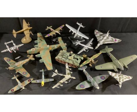 A Corgi model of an ME109; other aviation models, Spitfire Mk.V, Corgi Avro Vulcan, B-29, Corgi Avro Lancaster, a brass desk 
