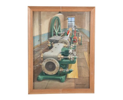  Stuart Barraclough - Gouache of Yorkshire mill engine room interior,   being a painting of a full size inline compound horiz